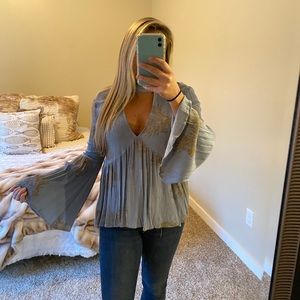 Light Blue Floral Top with Bell Sleeves